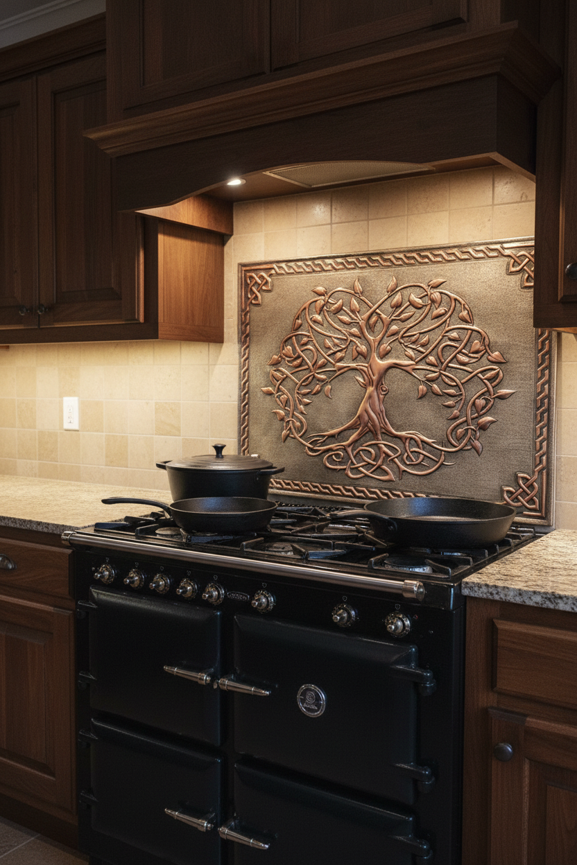 Close-up of Tree of Life silver copper stove backsplash panel in traditional kitchen
