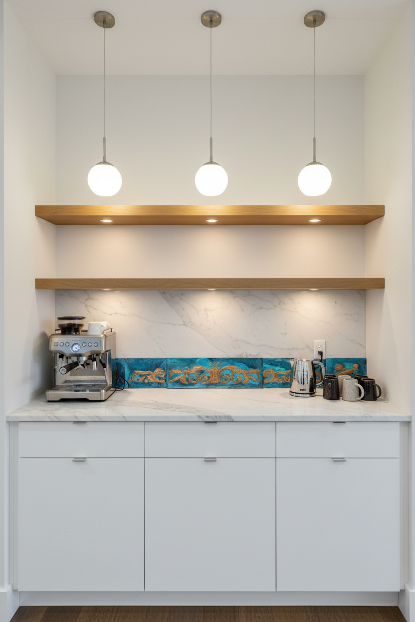 Copper border trim set in blue patina as decorative belt line above coffee bar