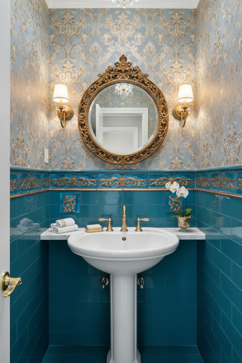 Copper border trim set with floral pattern as horizontal break line in powder room