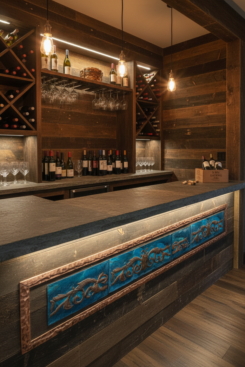 Copper border trim set with grape vine pattern on rustic wine bar wall