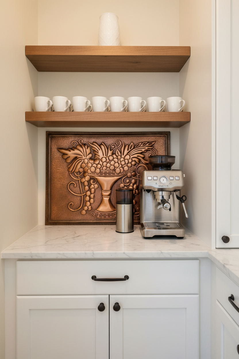 Custom 40 inch grapevine copper panel installed as coffee bar backsplash in butler pantry