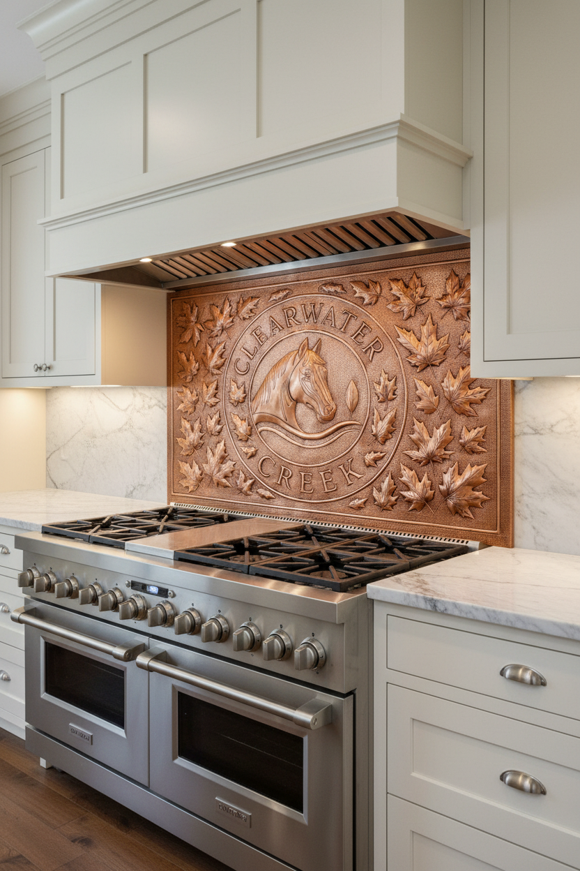 Custom 48 inch equestrian horse crest copper backsplash panel behind 6-burner professional range in transitional ranch kitchen