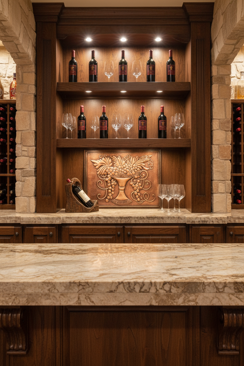 Custom 48 inch grapevine copper panel installed as wine bar backsplash in home wine cellar