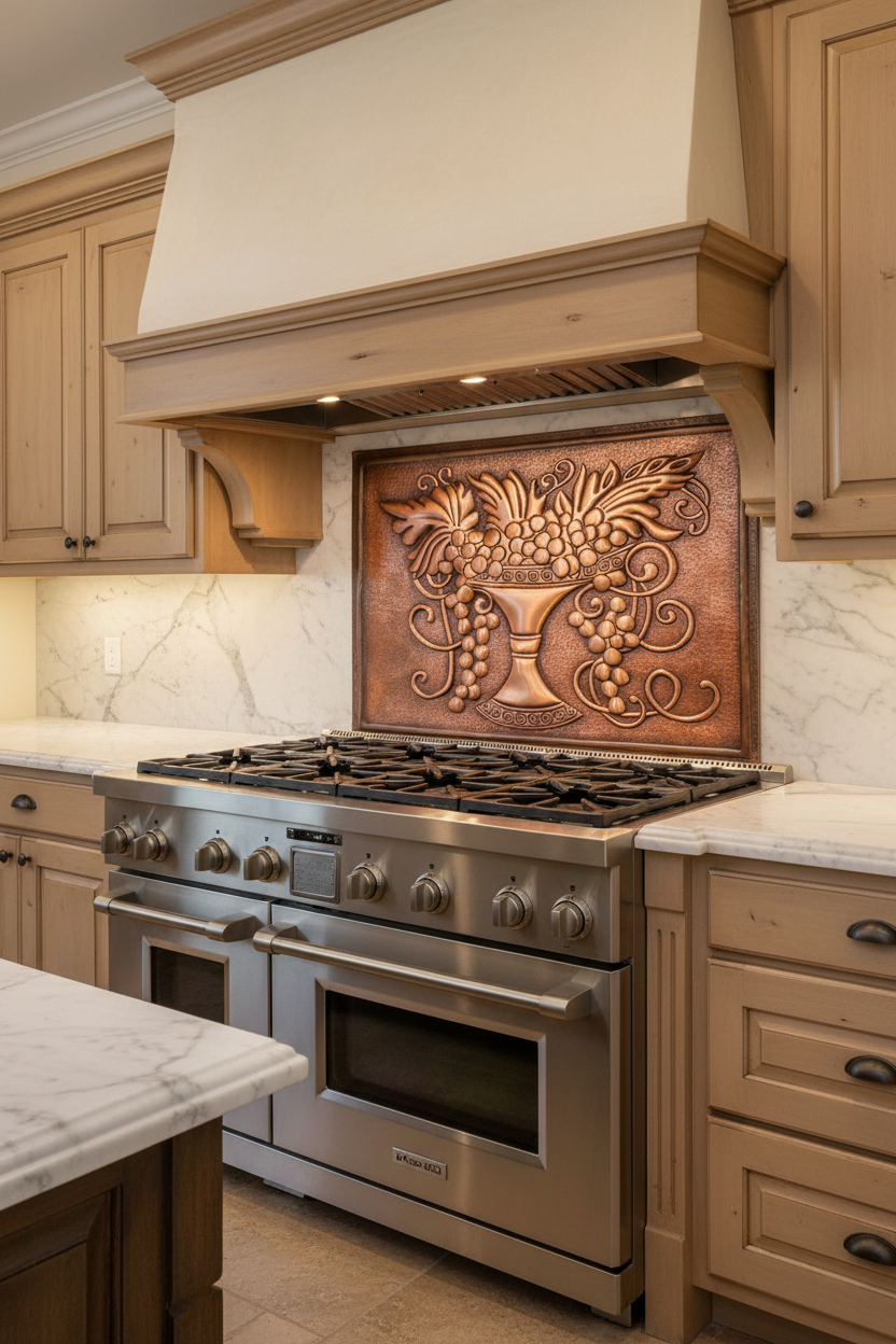 Custom 48 inch Tuscan grapevine copper backsplash panel behind 6-burner professional range in Mediterranean kitchen