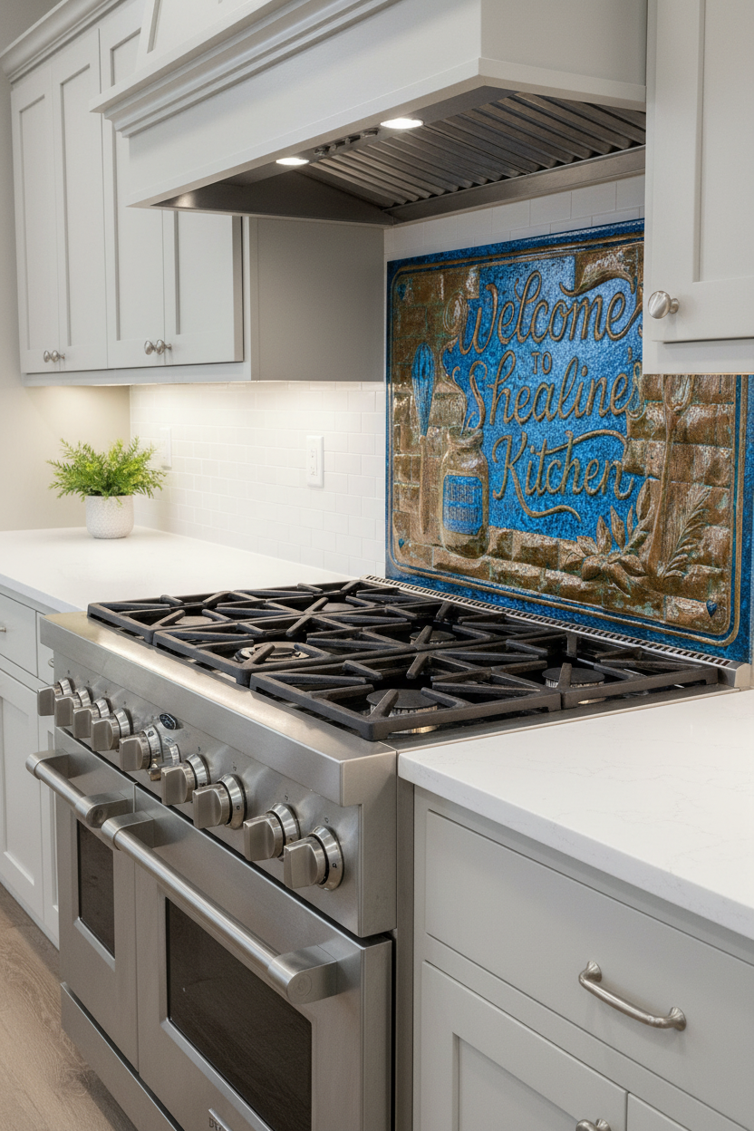 Custom 48 inch welcome to our kitchen copper backsplash panel in striking blue patina finish behind 6-burner professional range in transitional kitchen