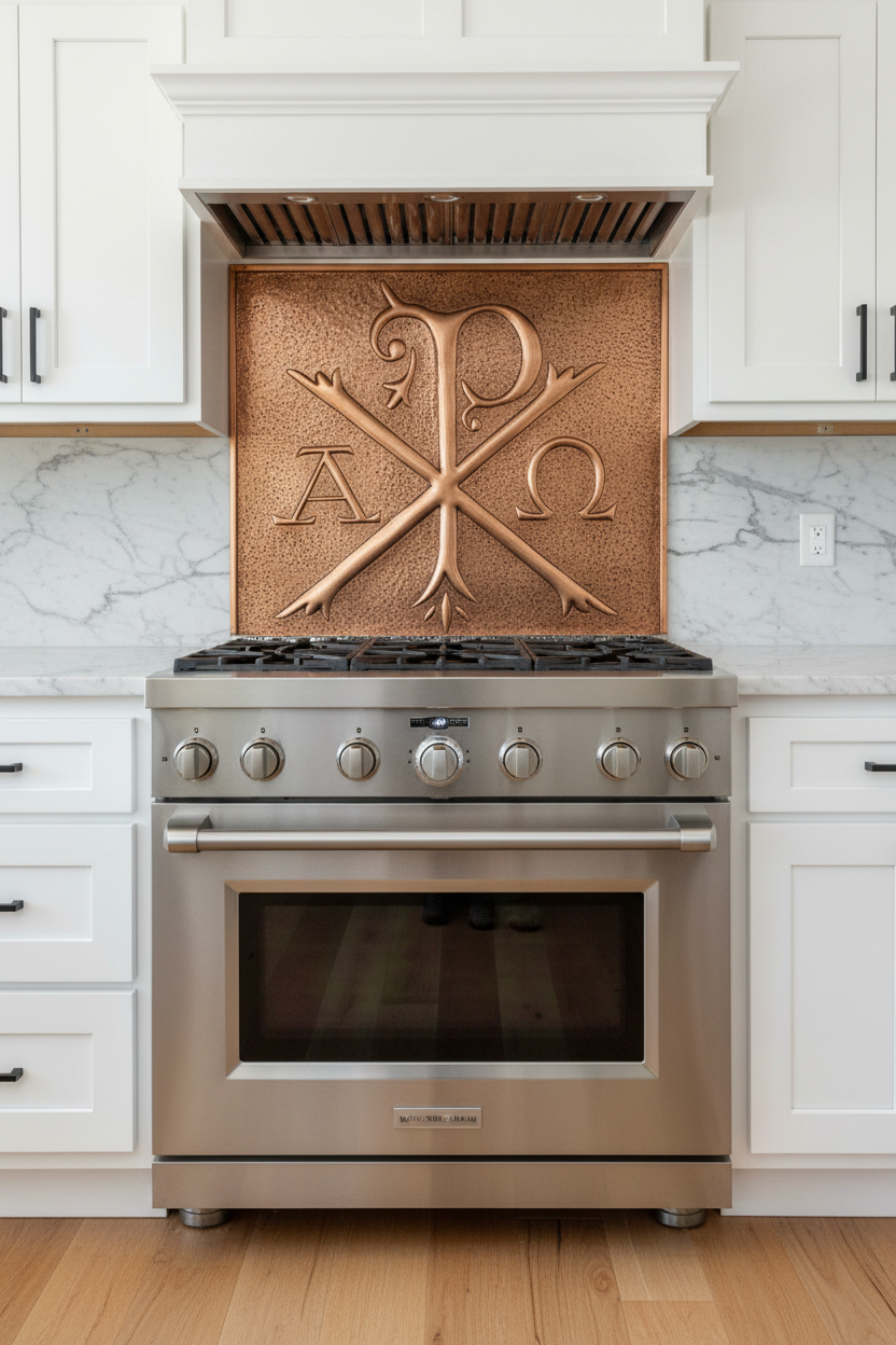 Custom Chi Rho Christian copper backsplash panel 60x34 inches installed behind modern range in contemporary traditional kitchen