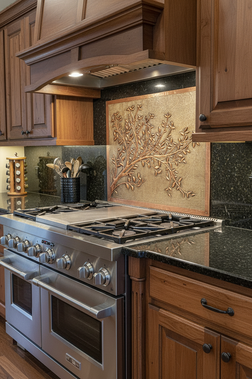 Custom copper kitchen backsplash 72 inches wide with branch design close-up installation behind classic range stove