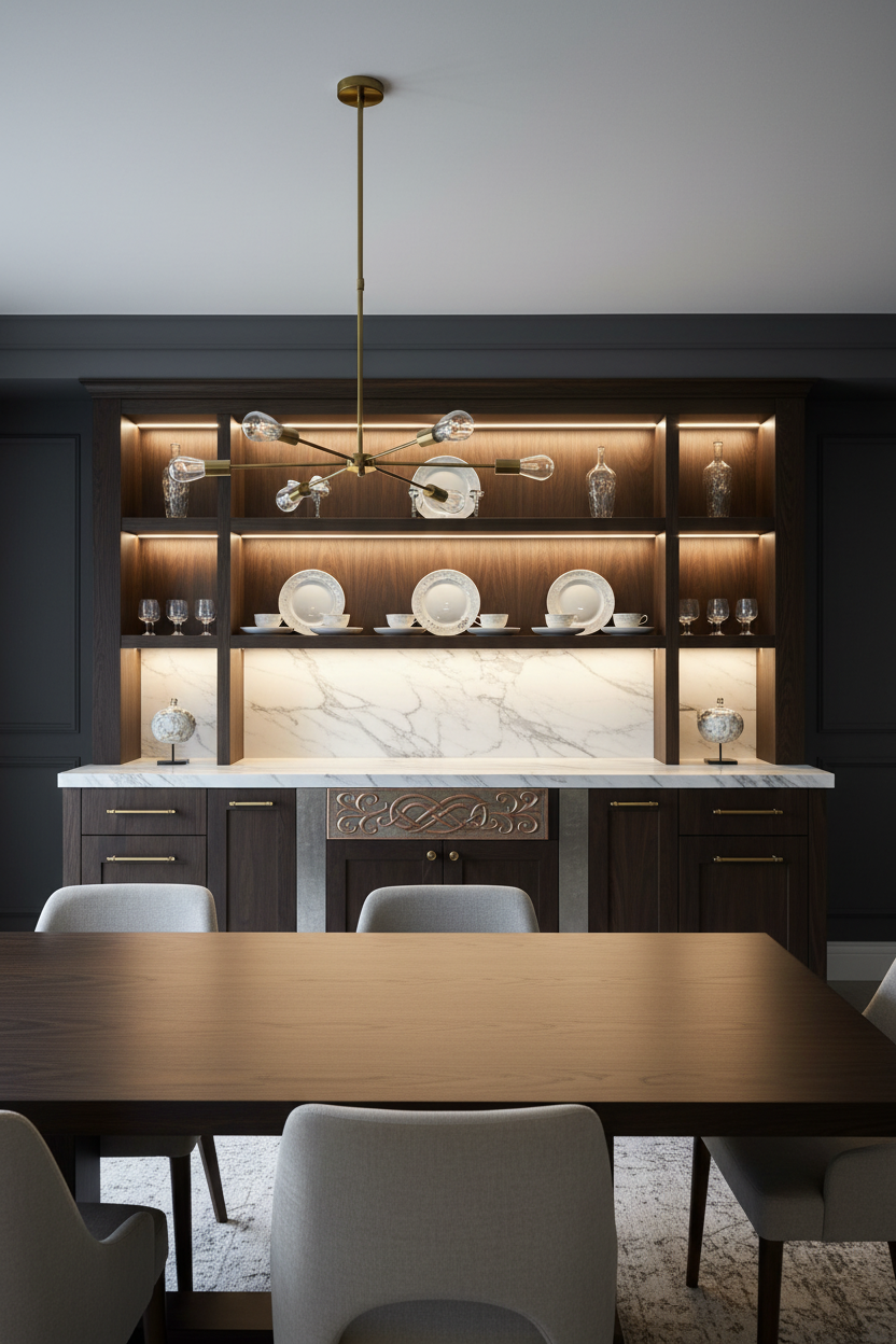 Custom copper panel set as built-in accent strip on contemporary dining room buffet cabinetry