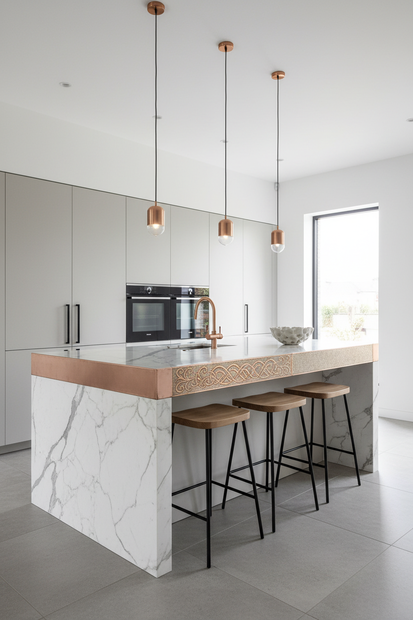 Custom copper panel set as decorative band wrapping around kitchen island