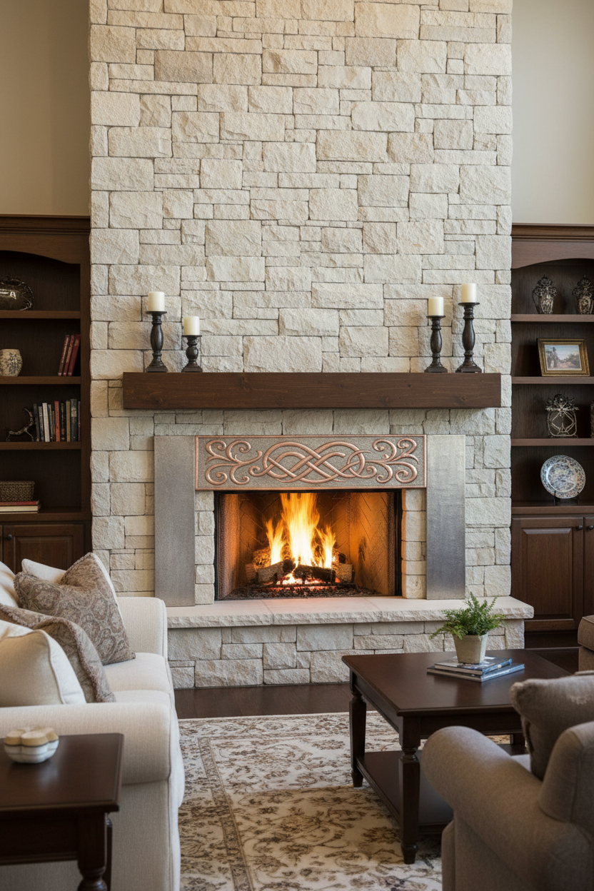 Custom copper panel set as fireplace band panel below mantel