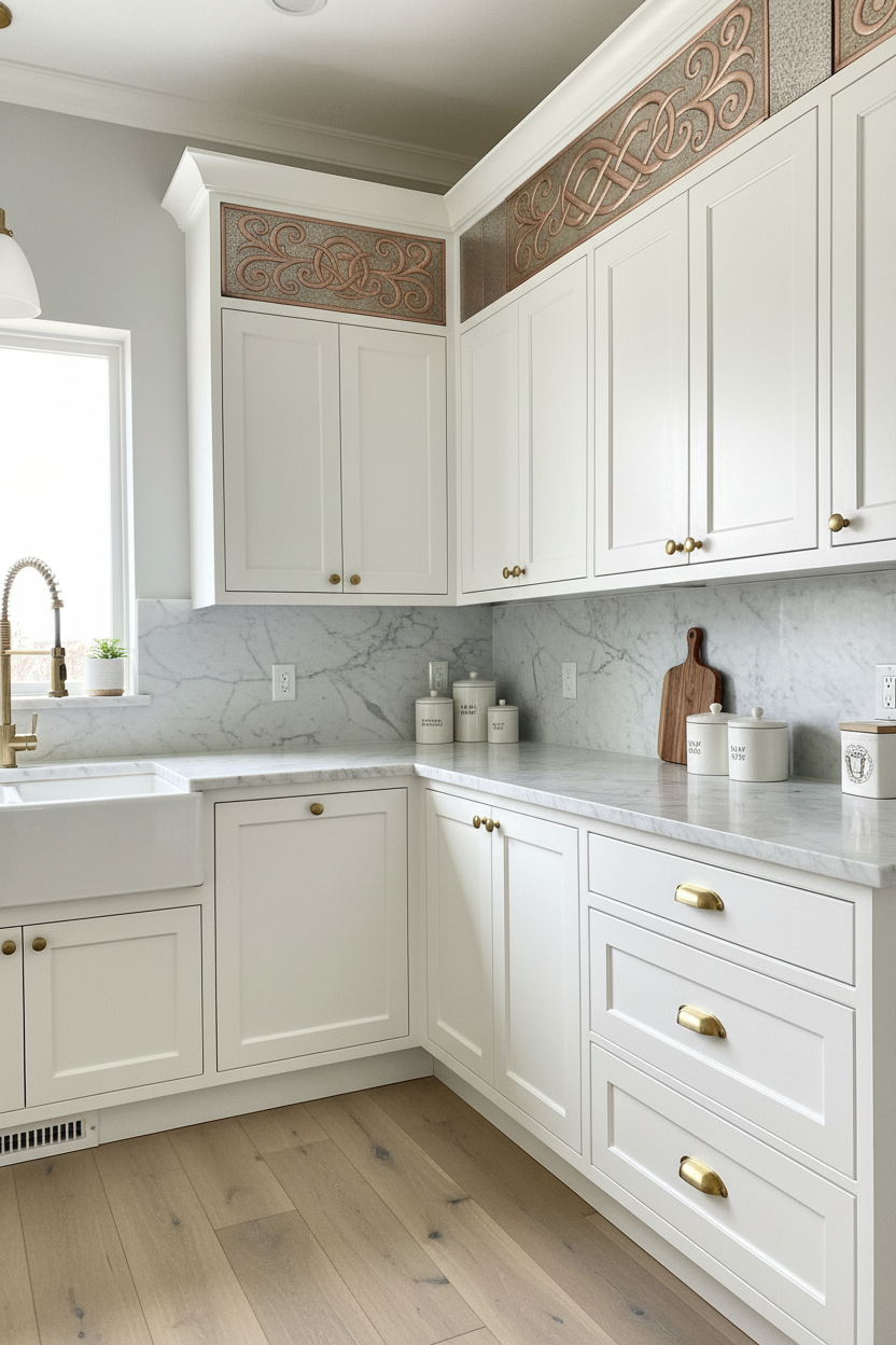 Custom copper panel set as horizontal trim band on kitchen cabinetry