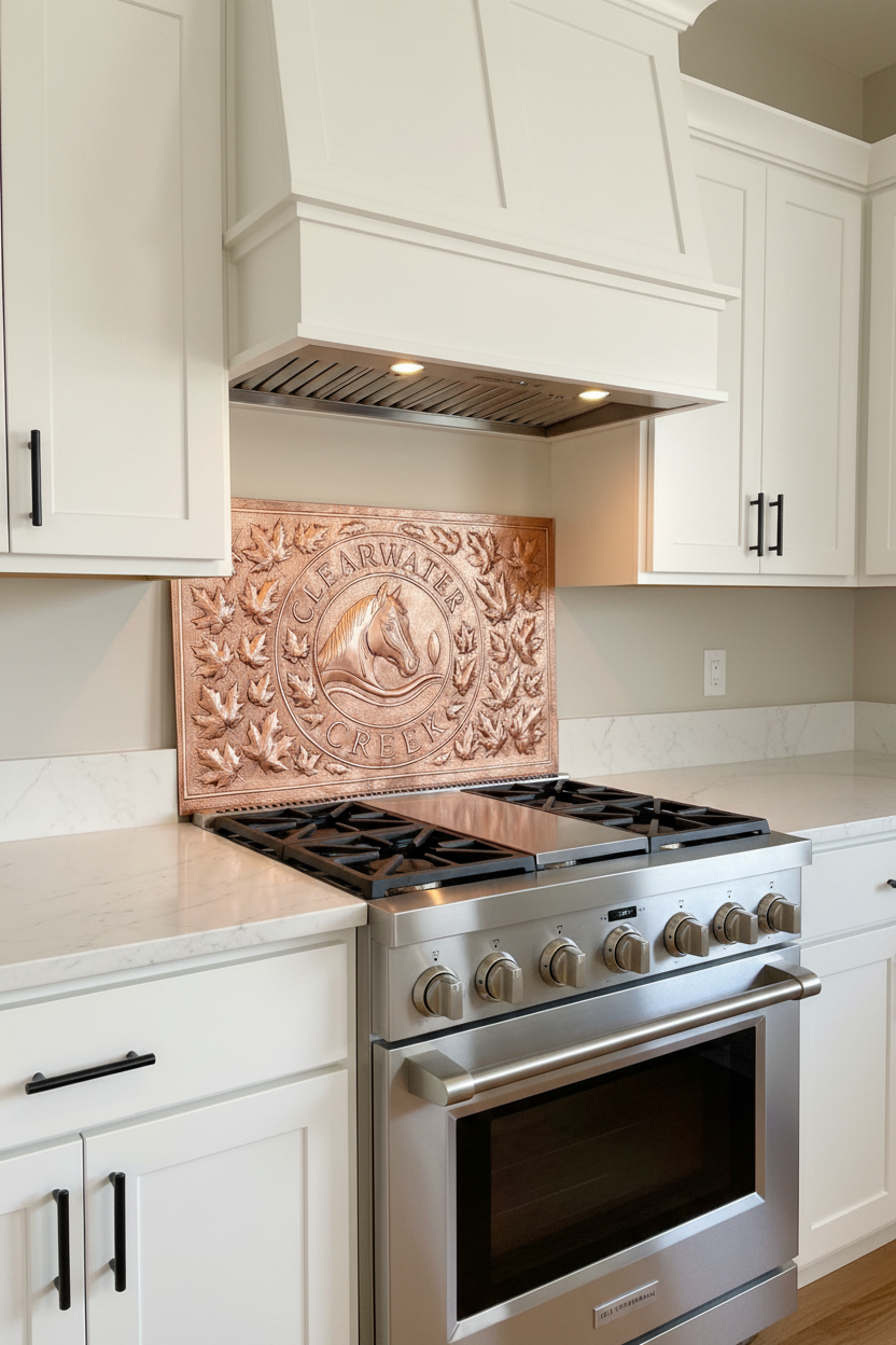 Custom horse crest equestrian copper backsplash panel 60x34 inches installed behind modern range in contemporary ranch kitchen