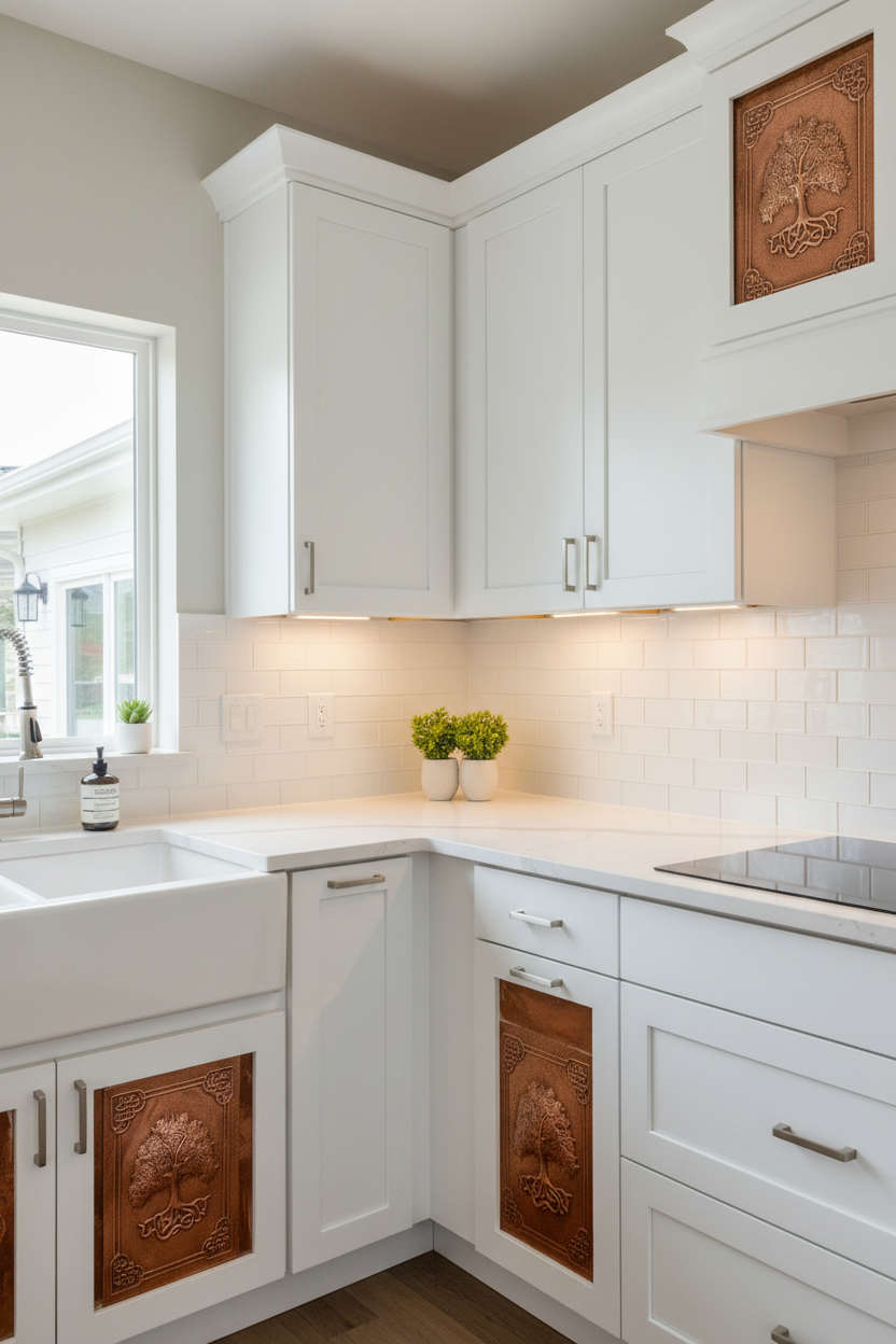 Custom size copper cabinet insert panel set installed in contemporary kitchen upper and lower cabinets