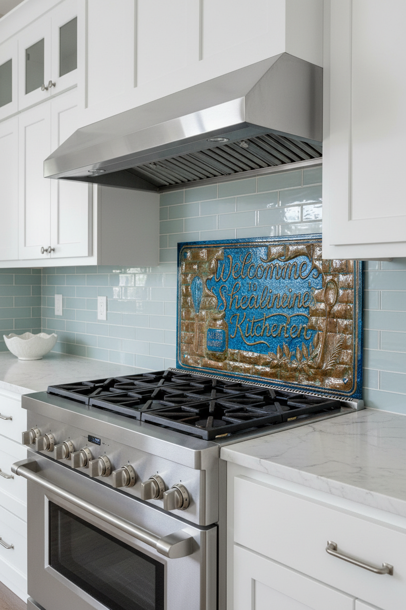 Custom welcome kitchen sign copper backsplash panel 60x34 inches in stunning blue patina finish installed behind modern range in contemporary coastal kitchen