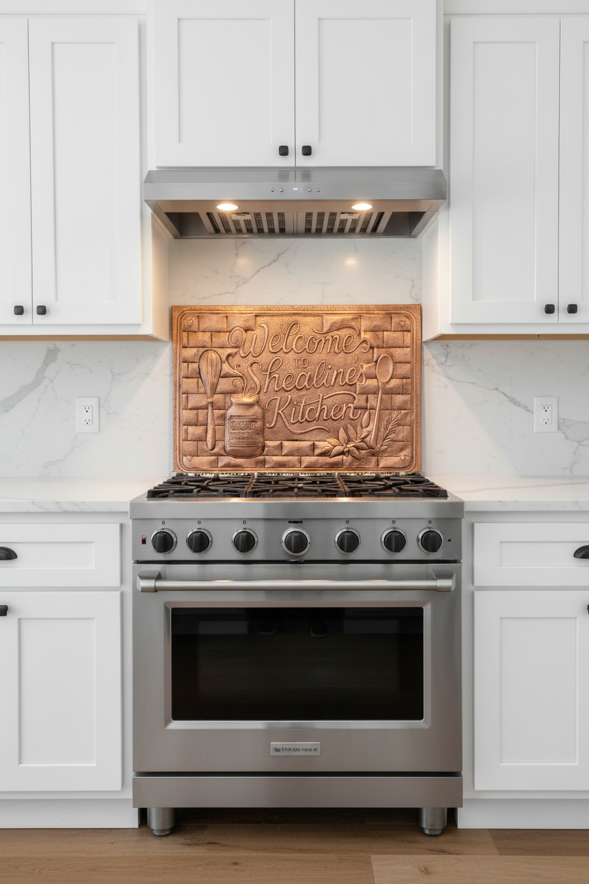Custom welcome kitchen sign copper backsplash panel 60x34 inches installed behind modern range in contemporary white kitchen