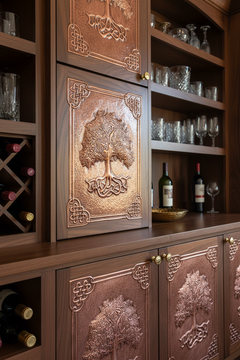 Decorative copper cabinet door insert set installed in bar cabinet and built-in shelving