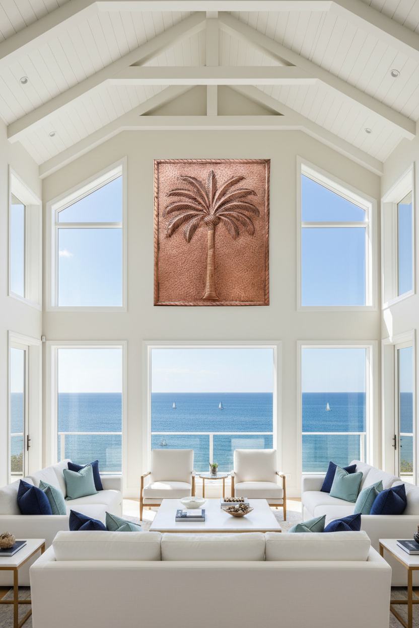 Extra large 38x77 inch palmetto copper panel as vertical art in coastal living room with ocean views