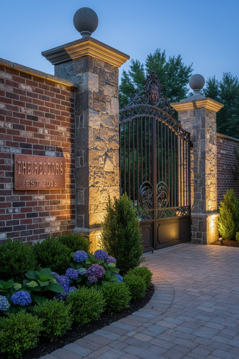 Extra large 48 inch custom family name copper sign mounted at grand estate gate entrance