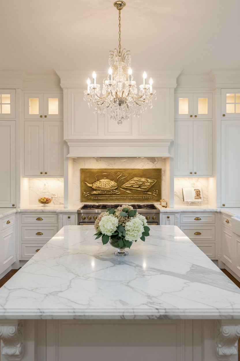 Extra large 60 inch tea kettle and baking tray brass backsplash panel in grand luxury estate kitchen