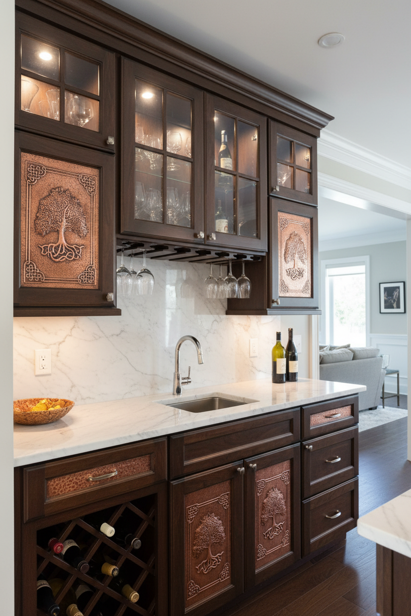 Home bar built-in cabinets with copper cabinet door insert panel set installed in upper glass-front and lower solid cabinet doors