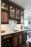 Home bar built-in cabinets with copper cabinet door insert panel set installed in upper glass-front and lower solid cabinet doors