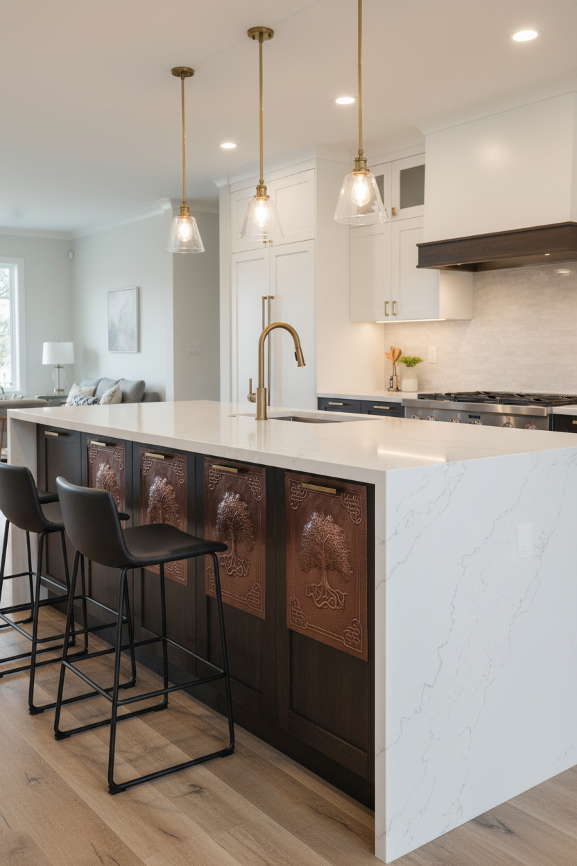 Kitchen island with copper cabinet door insert panel set installed in dark wood cabinet doors