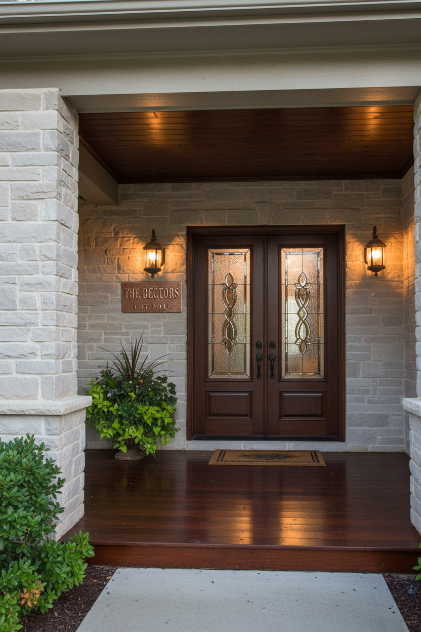 Large 36 inch custom family name copper sign mounted on luxury home covered front porch