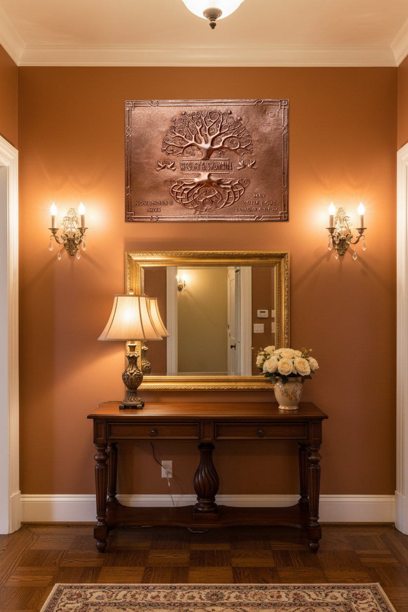 Large 36 inch personalized Tree of Life copper family name sign mounted in traditional home entry foyer