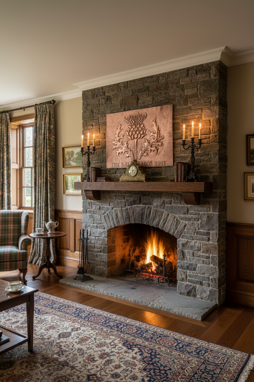 Large 36 inch Scottish thistle family crest copper sign mounted above fireplace mantel