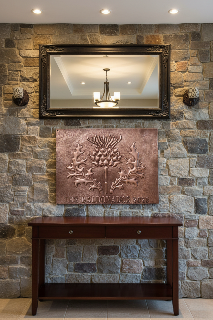 Large 36 inch Scottish thistle family name copper sign mounted in traditional home entry foyer