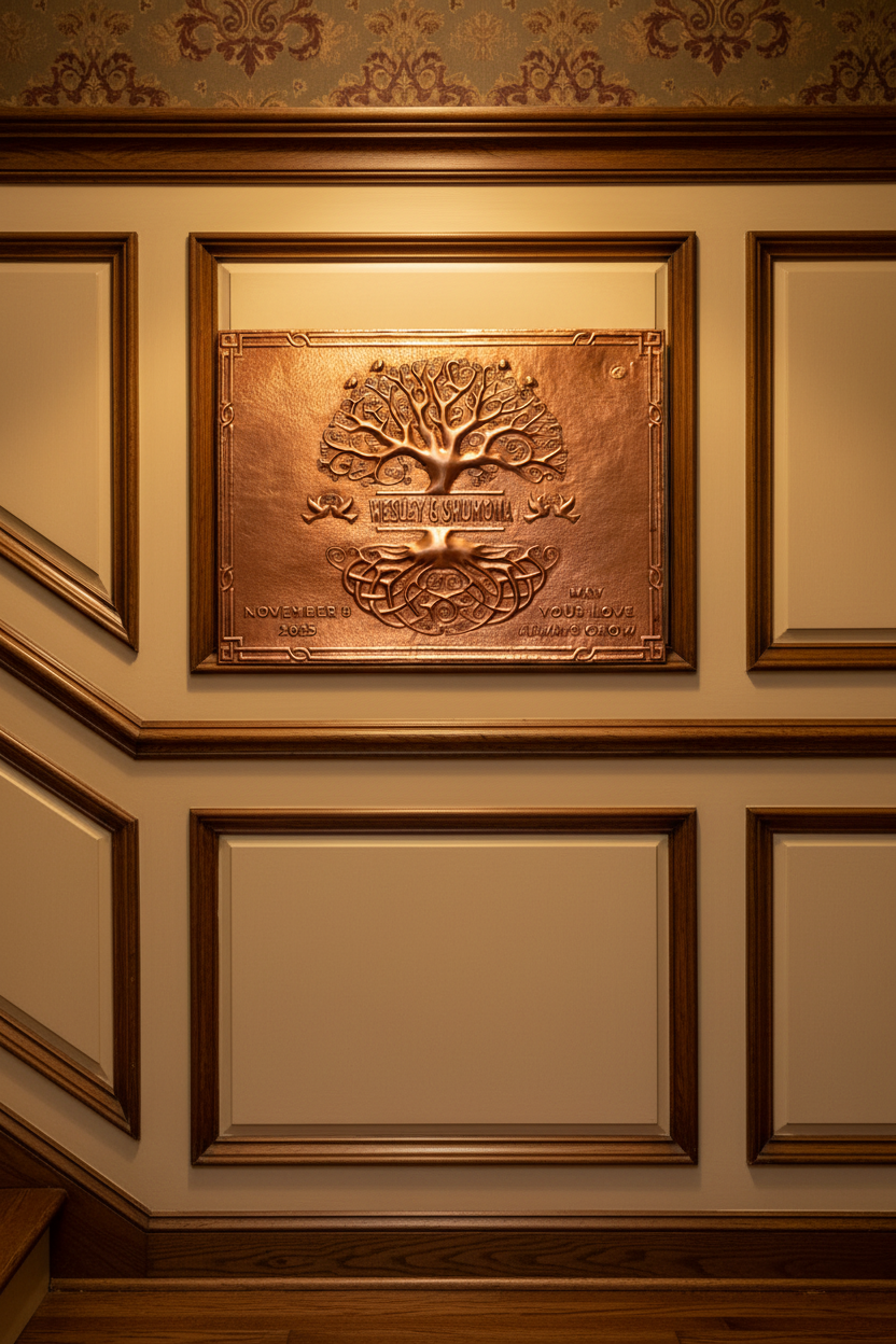Large 36 inch Tree of Life copper anniversary sign mounted on stairway landing feature wall