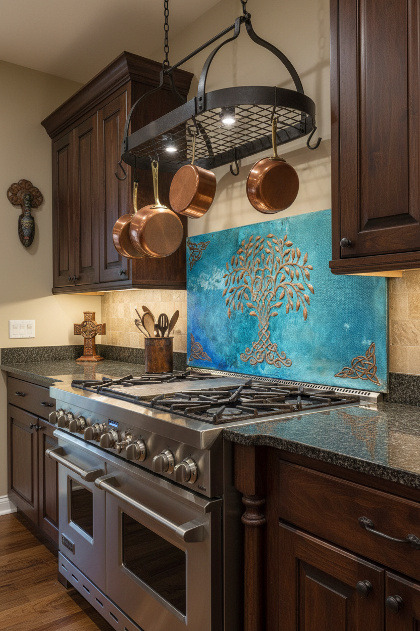 Large 36x48 inch Celtic Tide Tree copper panel with Tree of Life in traditional Celtic kitchen