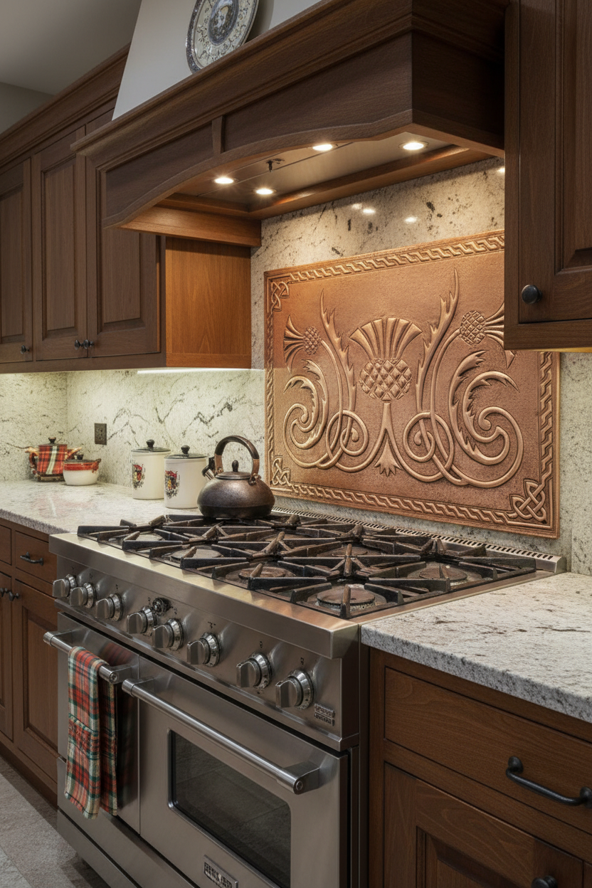 Large 36x48 inch Highland Thistle Crest copper panel with Celtic knot border in traditional Scottish kitchen
