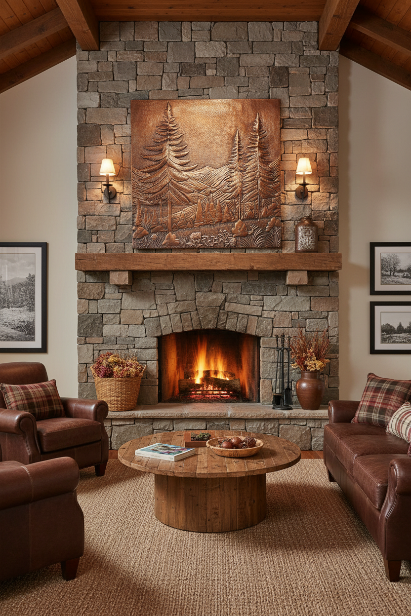 Large 36x48 inch Mountain Pines copper backsplash in brown patina above traditional cabin fireplace
