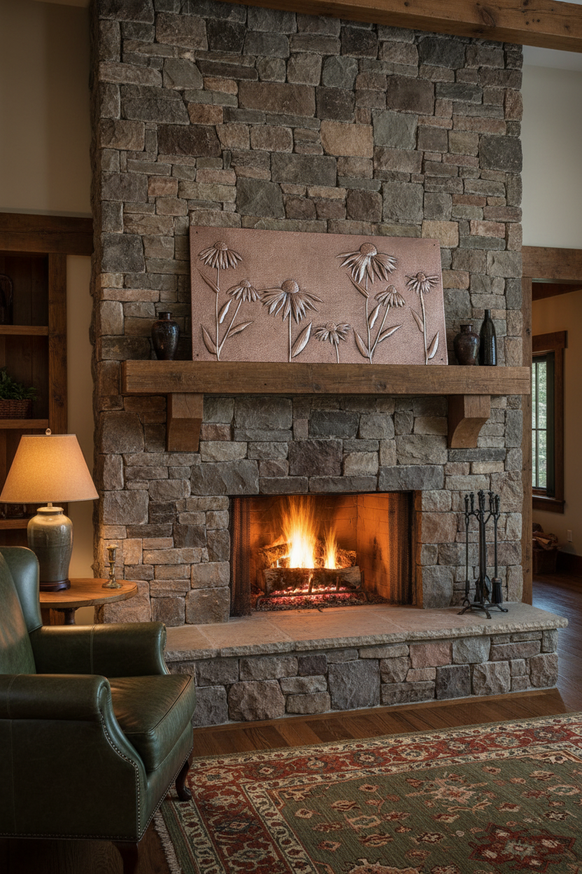 Large 36x48 inch Prairie Bloom wildflower copper panel above fireplace mantel in rustic living room