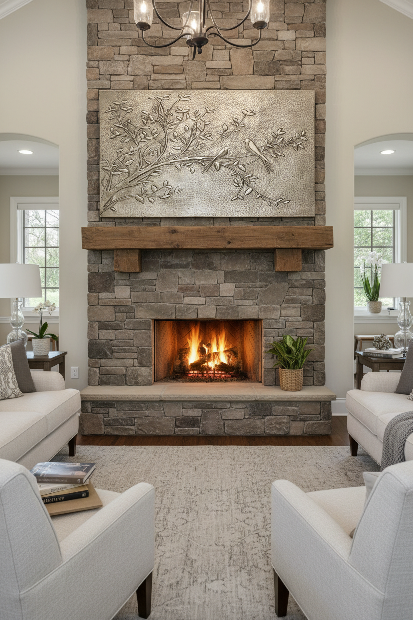 Large 36x48 inch Quiet Branch copper panel with birds on branch above fireplace mantel