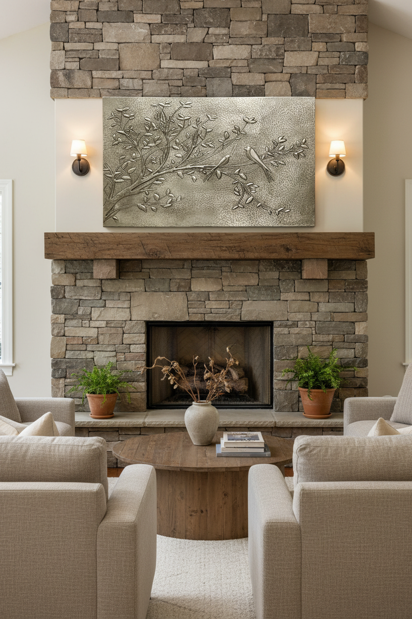 Large 36x48 inch Quiet Branch copper panel with birds on branch above fireplace mantel