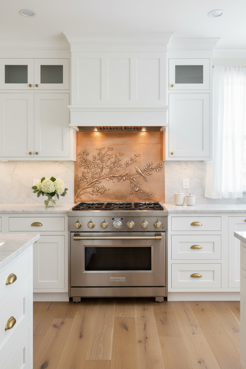 Large 36x48 inch Quiet Branch copper panel with birds on branch in serene modern farmhouse kitchen