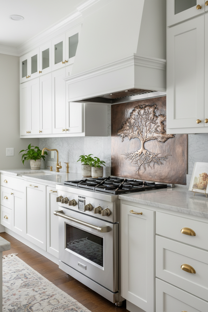 Large 36x48 inch Rooted Canopy tree panel with exposed roots in serene modern farmhouse kitchen