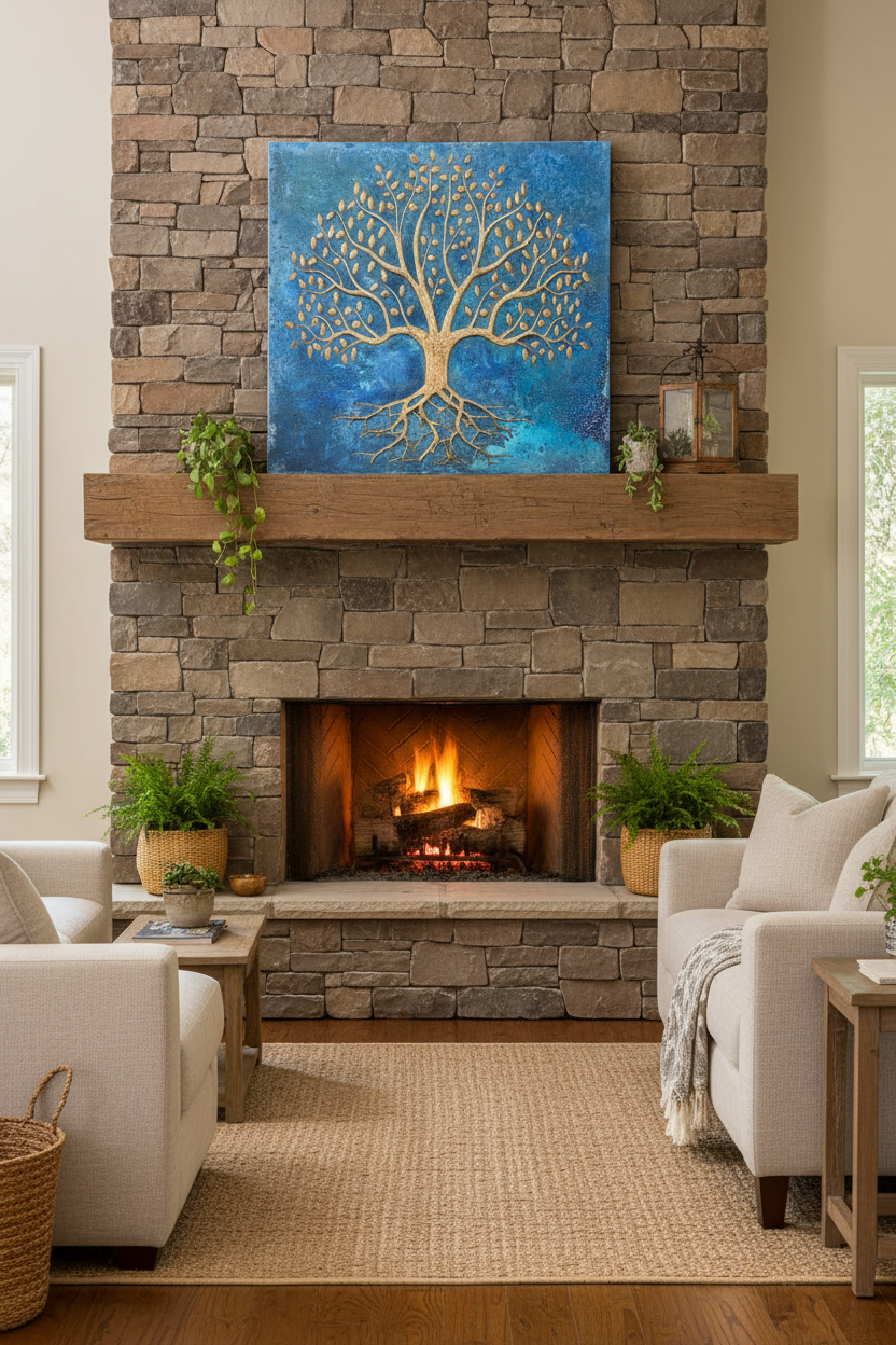 Large 36x48 inch Rooted Tree of Life copper backsplash above fireplace mantel