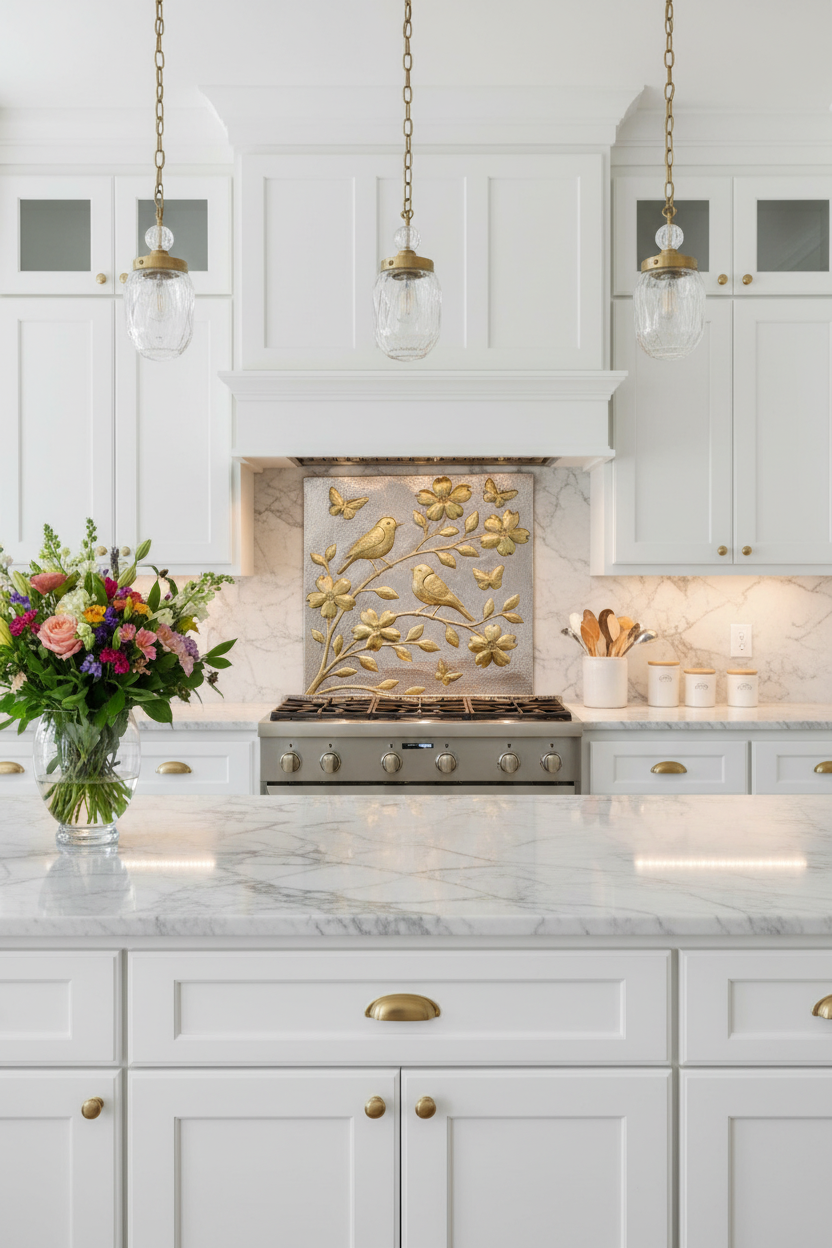 Large 36x48 inch Songbird Garden copper panel in silver and brass finish in ultra-luxury modern kitchen