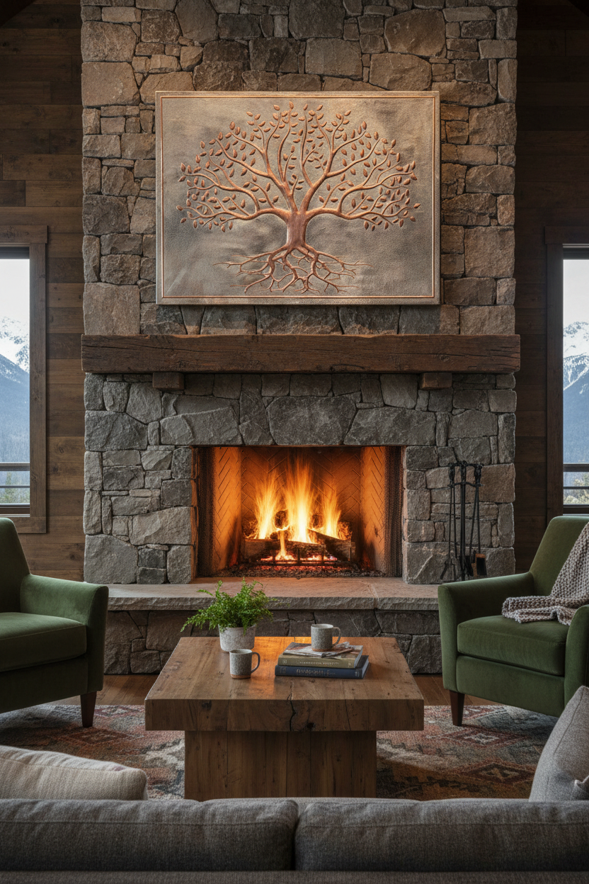Large 36x48 inch Tree of Life copper backsplash above mountain home fireplace