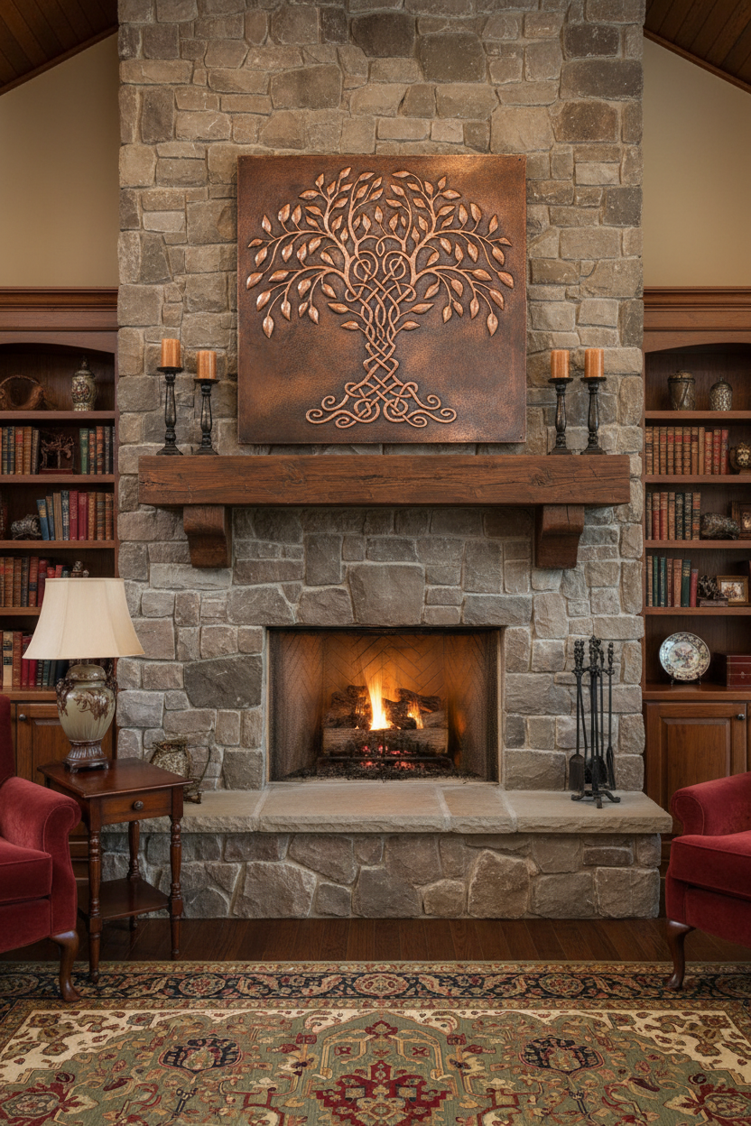 Large 36x48 inch Tree of Life copper backsplash panel above fireplace mantel