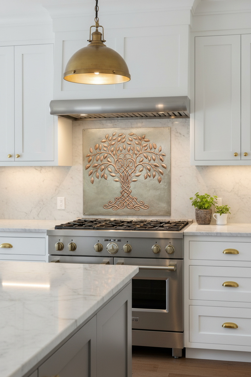 Large 36x48 inch Tree of Life copper backsplash panel in elegant kitchen