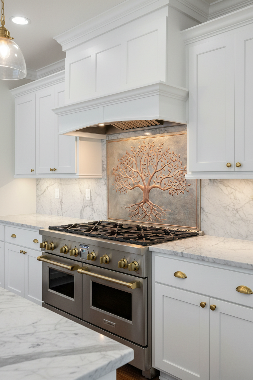 Large 36x48 inch Tree of Life copper stove backsplash in transitional kitchen