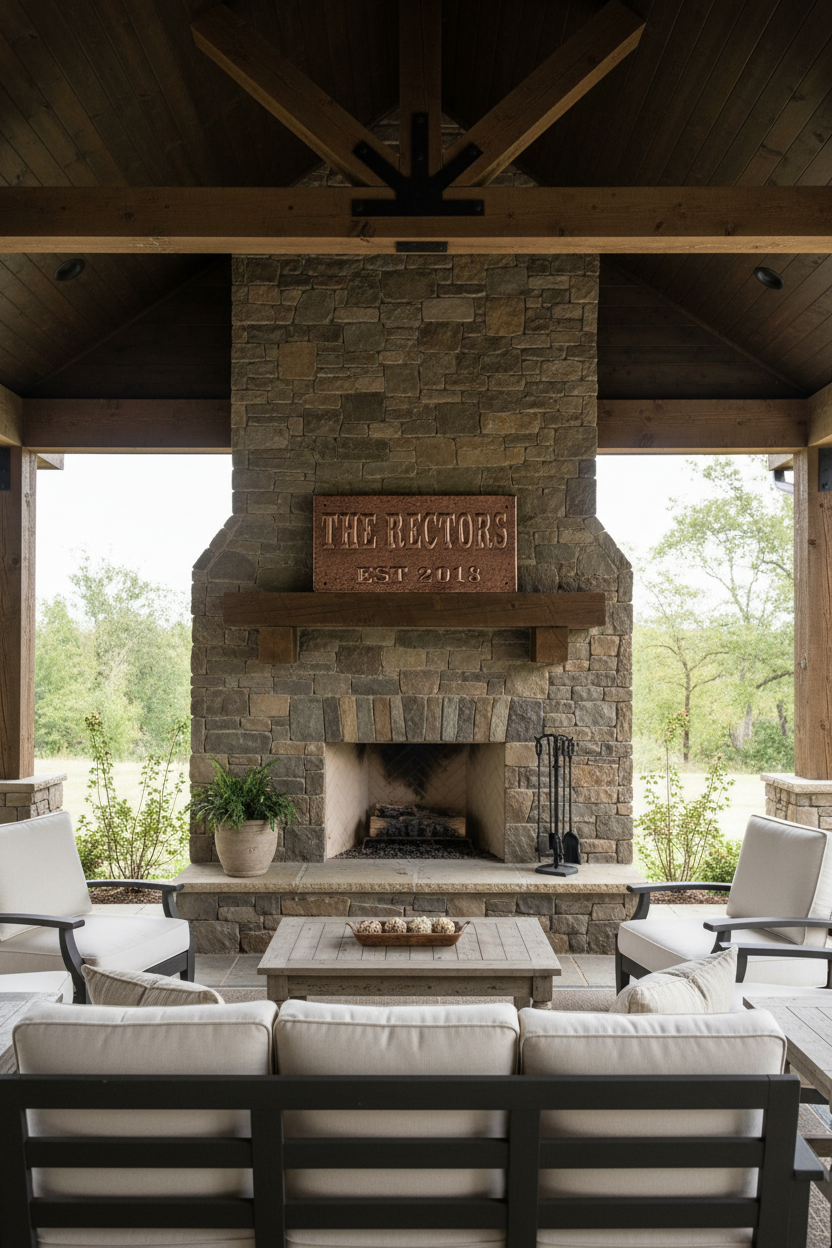 Large 40 inch custom family name copper sign above outdoor fireplace mantel