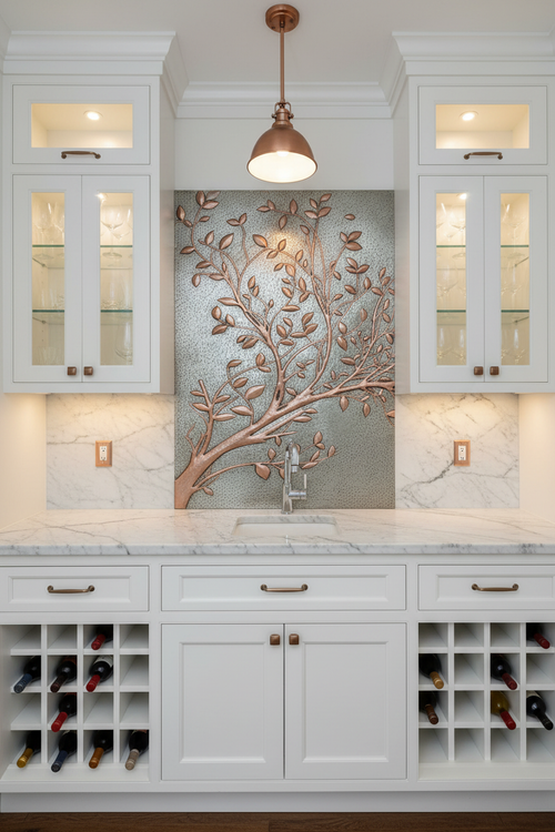 Large 42x36 inch Branches in silver & copper finish in elegant butler's pantry