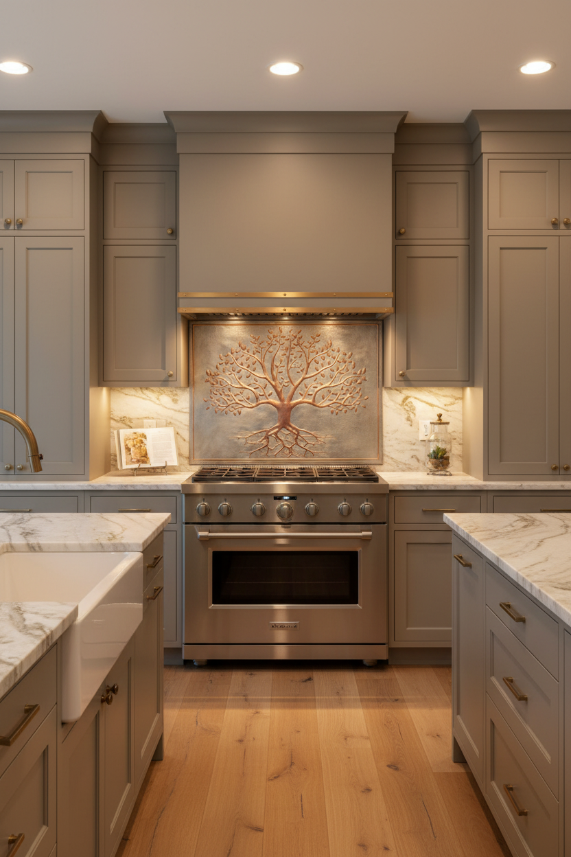 Large 42x48 inch Tree of Life copper stove backsplash in warm contemporary kitchen