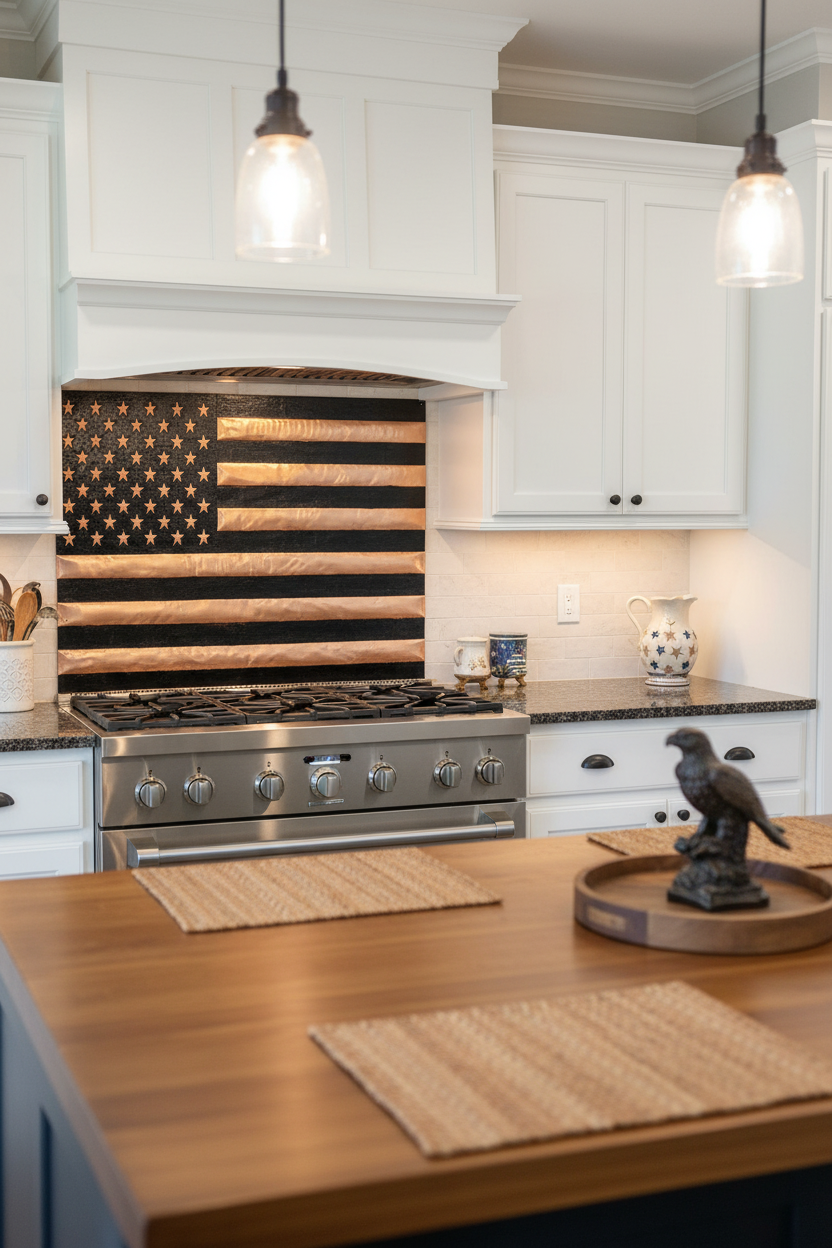 Large 48 inch American flag copper backsplash panel in patriotic kitchen