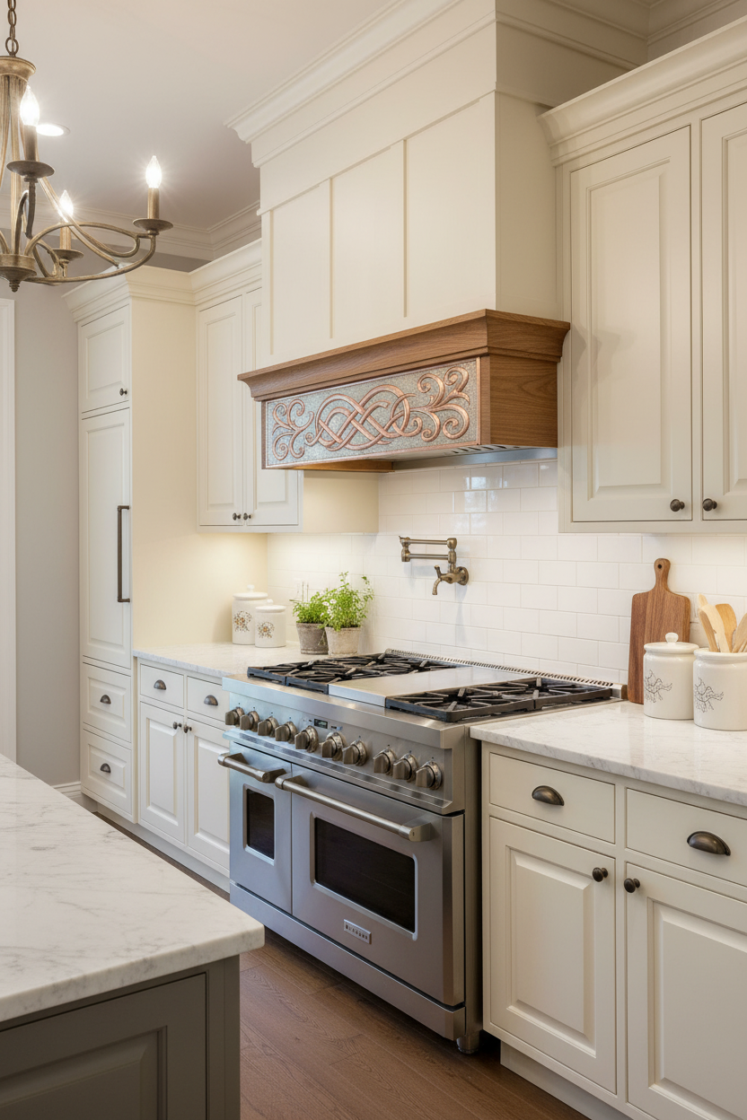 Large 48 inch custom copper hood apron set with embossed center and plain sides in traditional kitchen